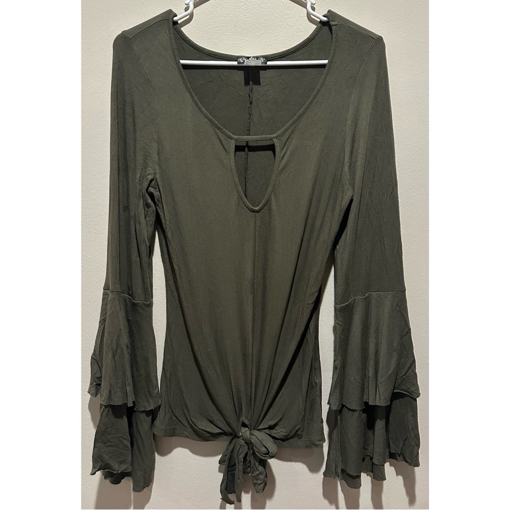 Venus Olive Green Keyhole Tie Front Top Tiered Ruffle Bell Sleeve Medium